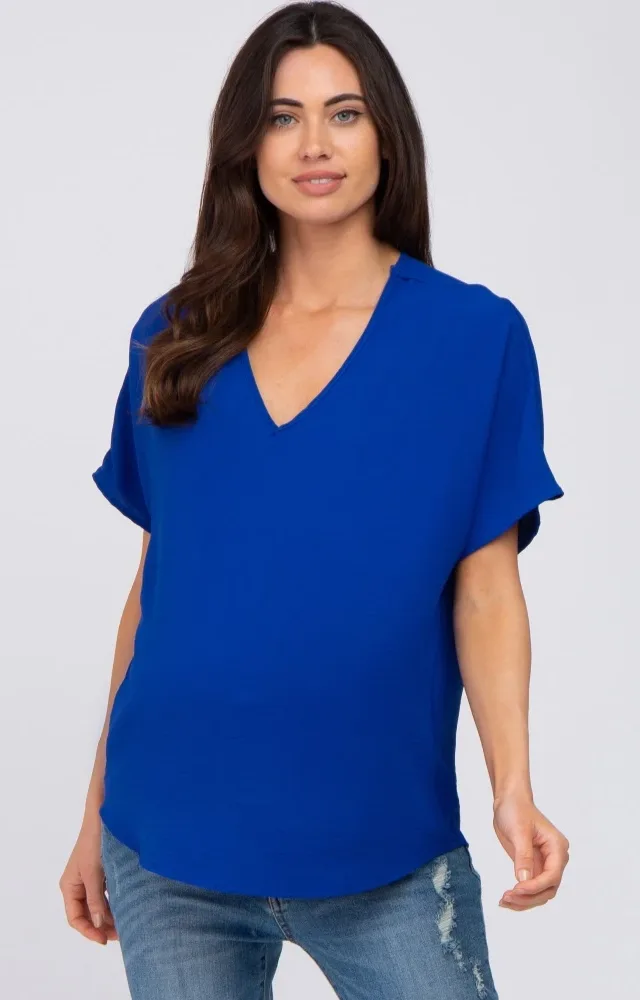 Royal Blue Short Sleeve Maternity Blouse