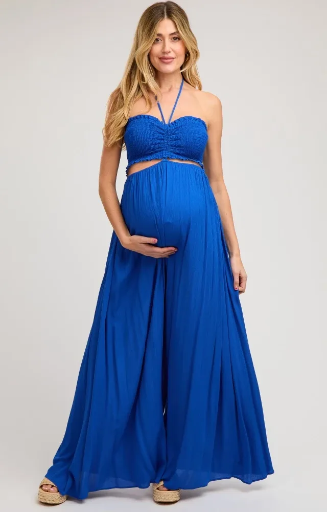 Royal Blue Smocked Drawstring Halter Side Cutout Maternity Jumpsuit