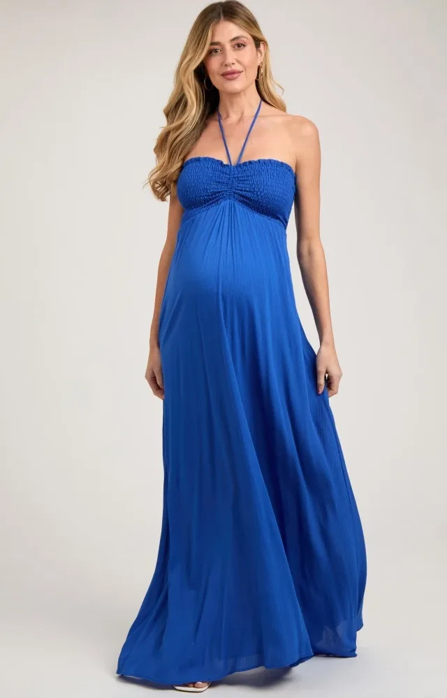 Royal Blue Smocked Halter Maternity Maxi Dress