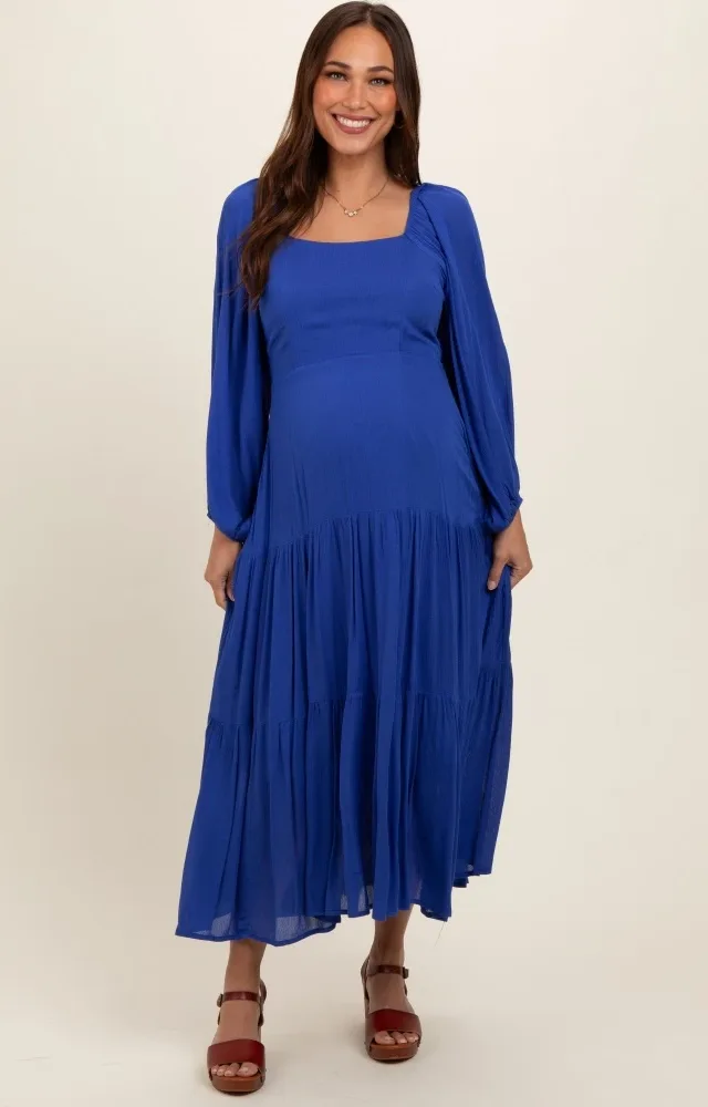 Royal Blue Tiered Maternity Midi Dress