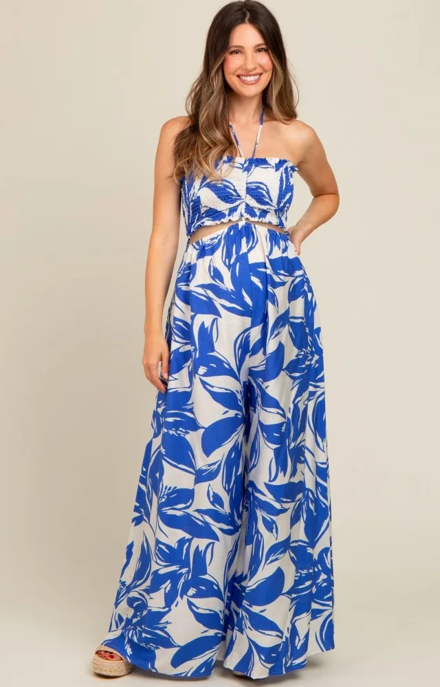 Royal Blue Tropical Print Cutout Smocked Maternity Jumpsuit