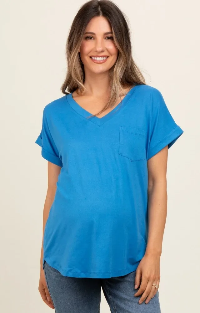 Royal Blue V-Neck Pocket Short Sleeve Maternity Shirt