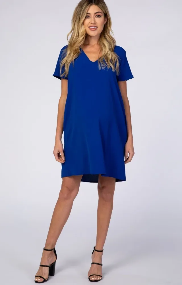 Royal Blue V-Neck Short Sleeve Maternity Dress