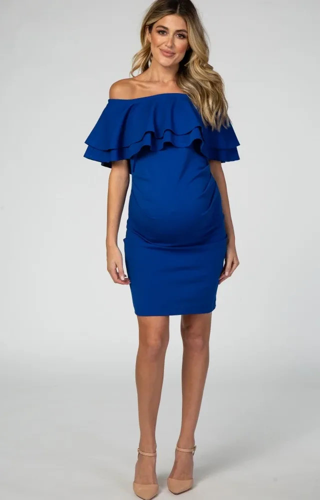 Royal Off Shoulder Ruched Maternity Dress