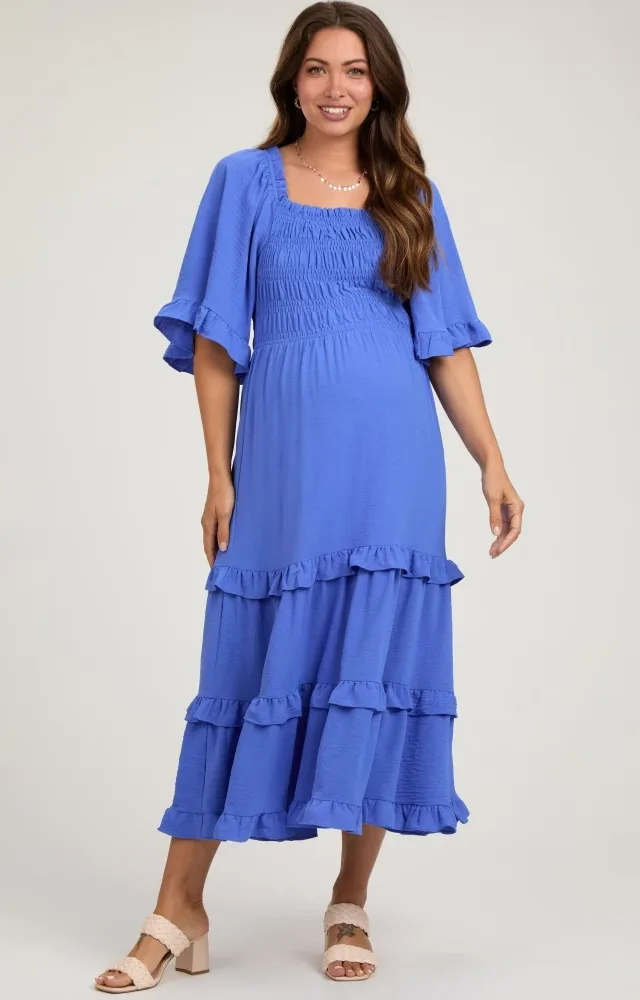 Royal Smocked Ruffle Tiered Maternity Midi Dress