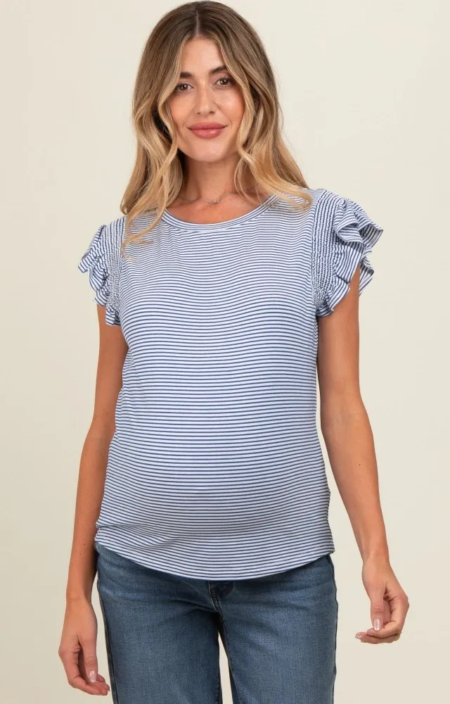 Royal Striped Flutter Sleeve Maternity Top