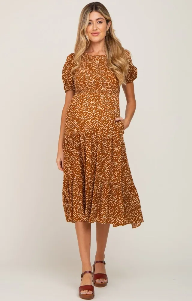 Rust Animal Print Smocked Maternity Midi Dress