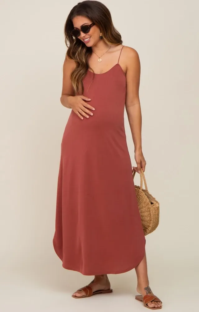 Rust Basic Maternity Midi Dress