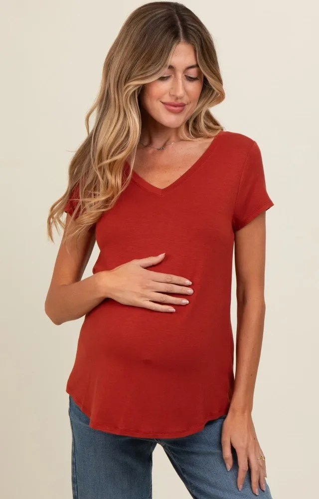 Rust Basic V-Neck Short Sleeve Maternity Top