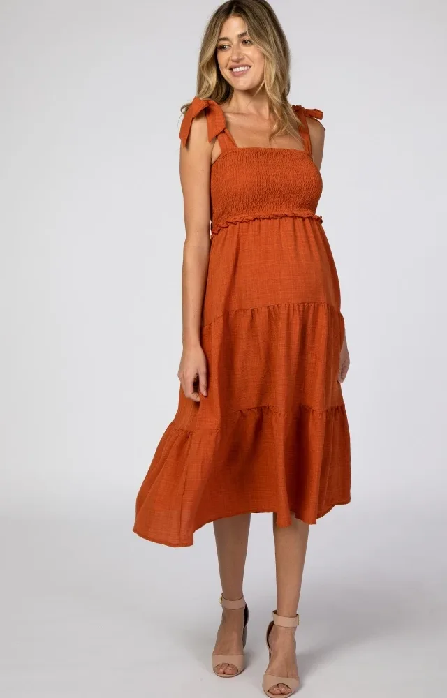 Rust Bow Strap Tiered Maternity Midi Dress