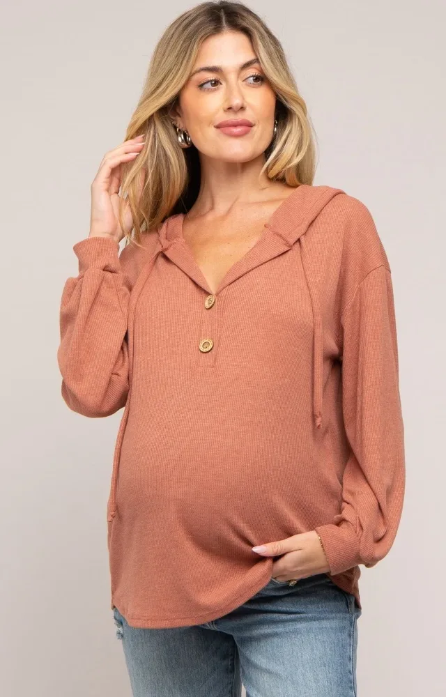 Rust Button Accent Hooded Maternity Henley Top