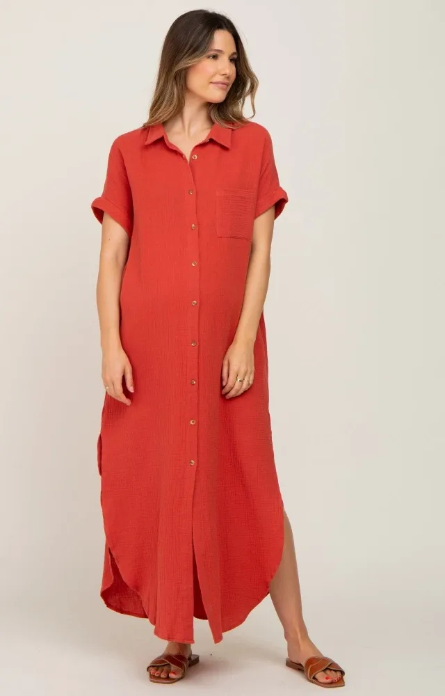 Rust Button Down Maternity Midi Dress