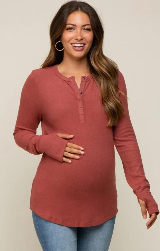 Rust Button Front Soft Knit Long Sleeve Henley Maternity Top