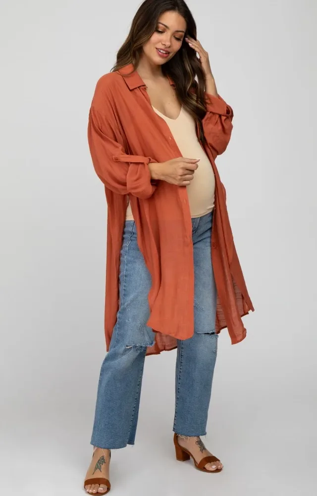 Rust Button Side Slit Oversized Maternity Blouse