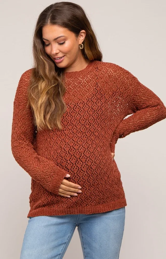 Rust Chenille Open Knit Maternity Sweater