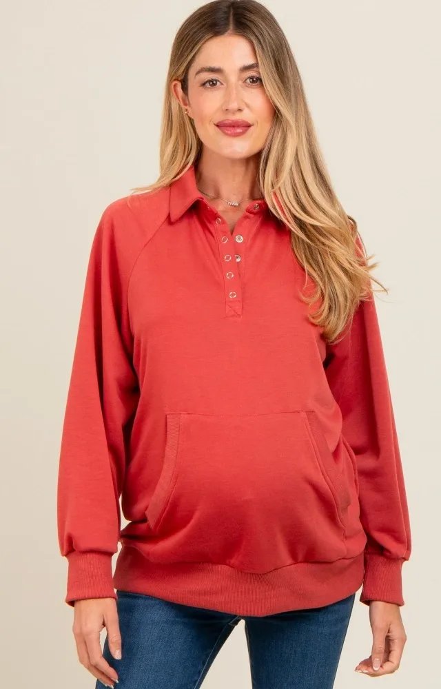 Rust Collared Snap Button Maternity Pullover