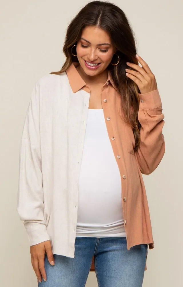 Rust Color Block Button Up Linen Maternity Top