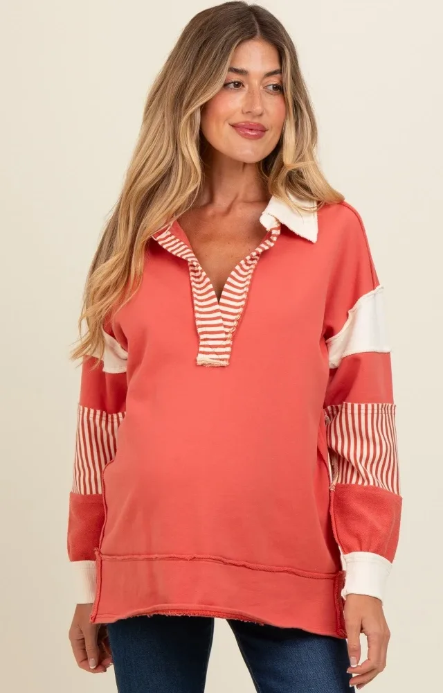 Rust Colorblock Stripe Maternity Polo Pullover Top