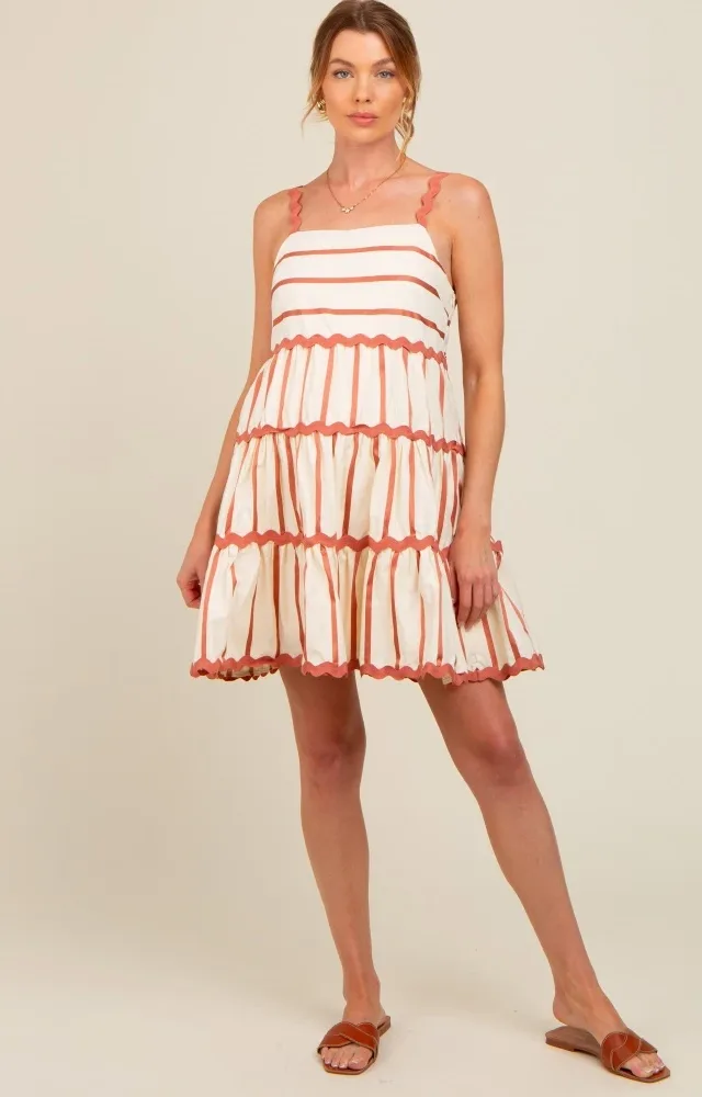 Rust Contrast Stripe Wavy Trim Maternity Dress