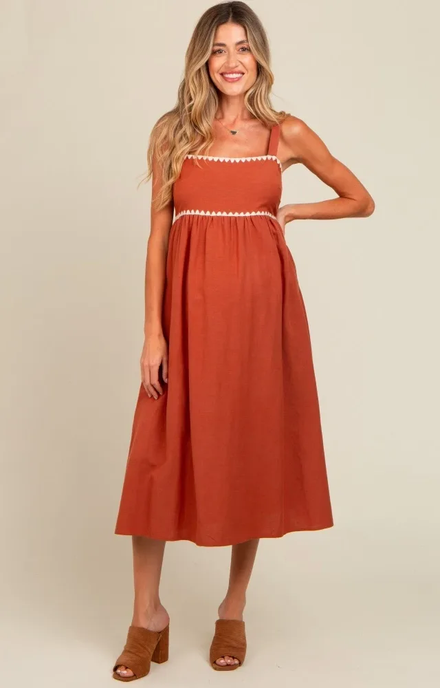 Rust Contrast Trim Maternity Midi Dress