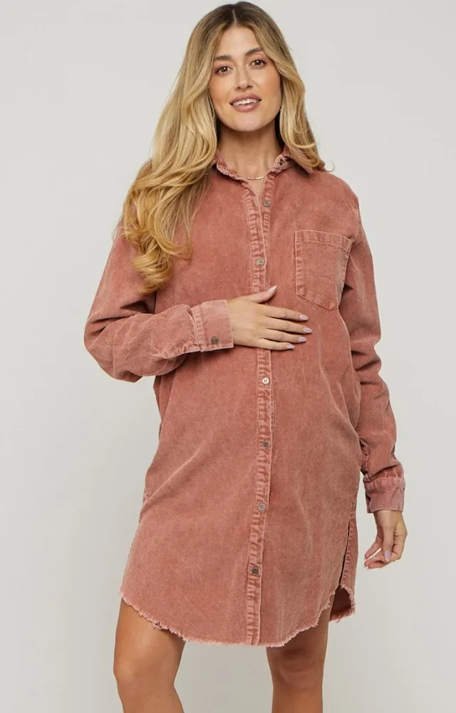 Rust Corduroy Button Down Collared Maternity Dress