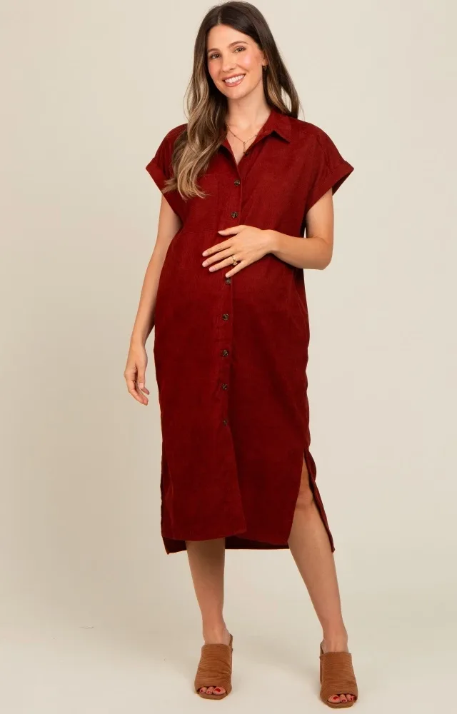 Rust Corduroy Button Down Maternity Midi Dress