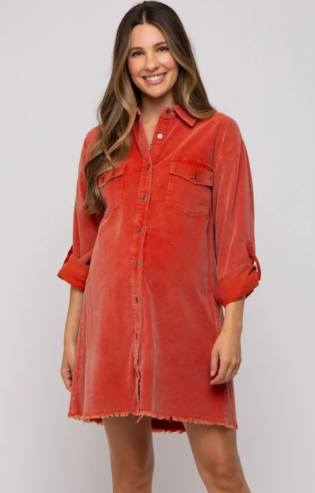 Rust Corduroy Button Front Fringe Hem Maternity Dress