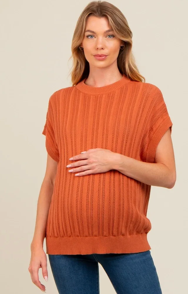 Rust Crochet Knit Short Sleeve Sweater Maternity Top