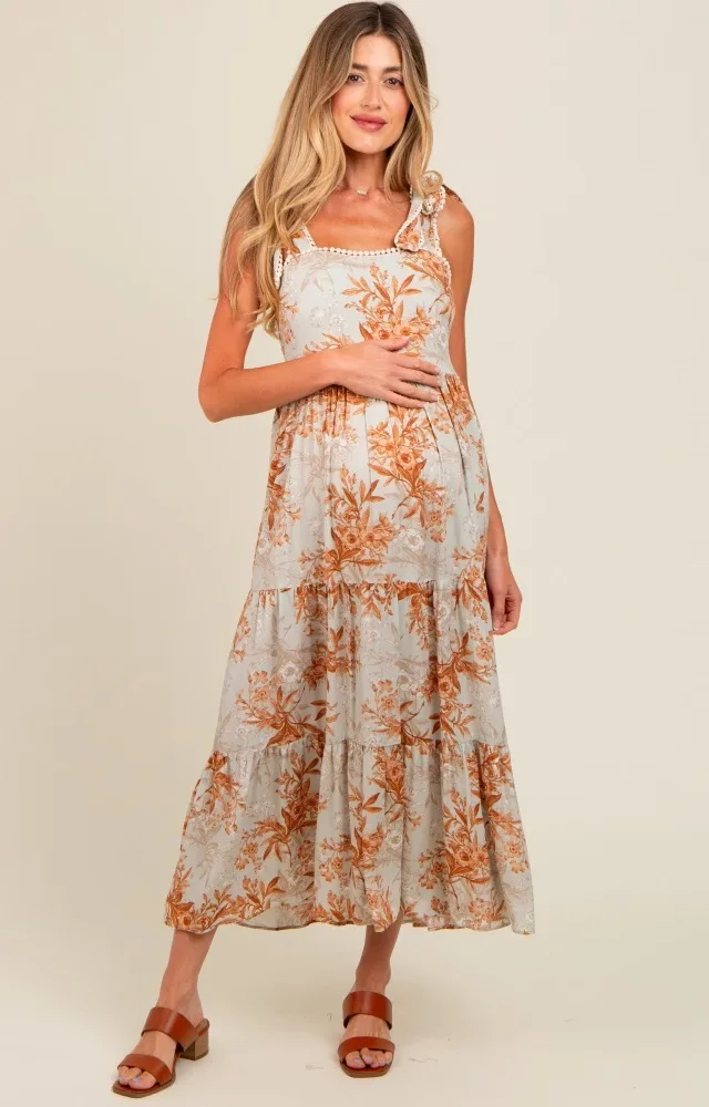 Rust Crochet Trim Floral Maternity Maxi Dress