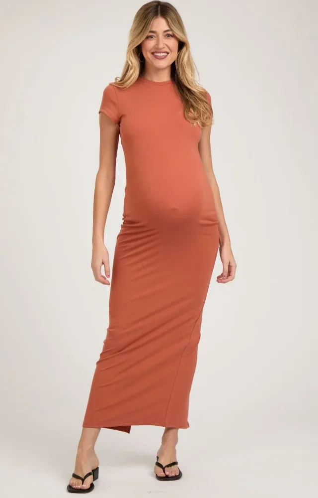 Rust Fitted Short Sleeve Maternity Maxi Dress