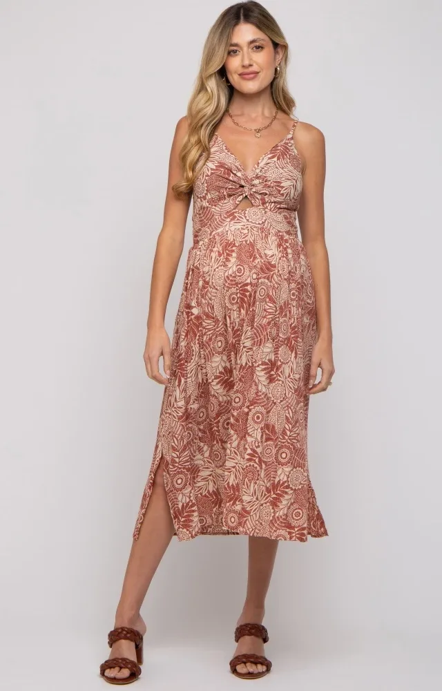 Rust Floral Front Cutout Side Slit Maternity Midi Dress