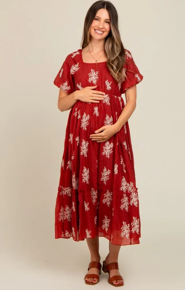 Rust Floral Print Ruffle Hem Maternity Midi Dress