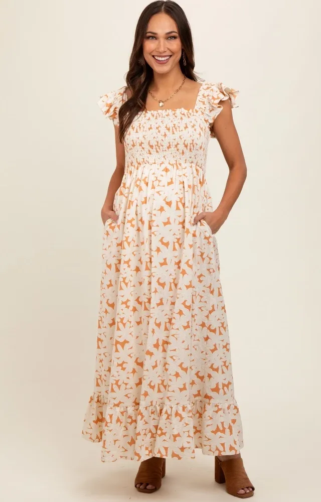 Rust Floral Print Smocked Ruffle Sleeve Maternity Maxi Dress