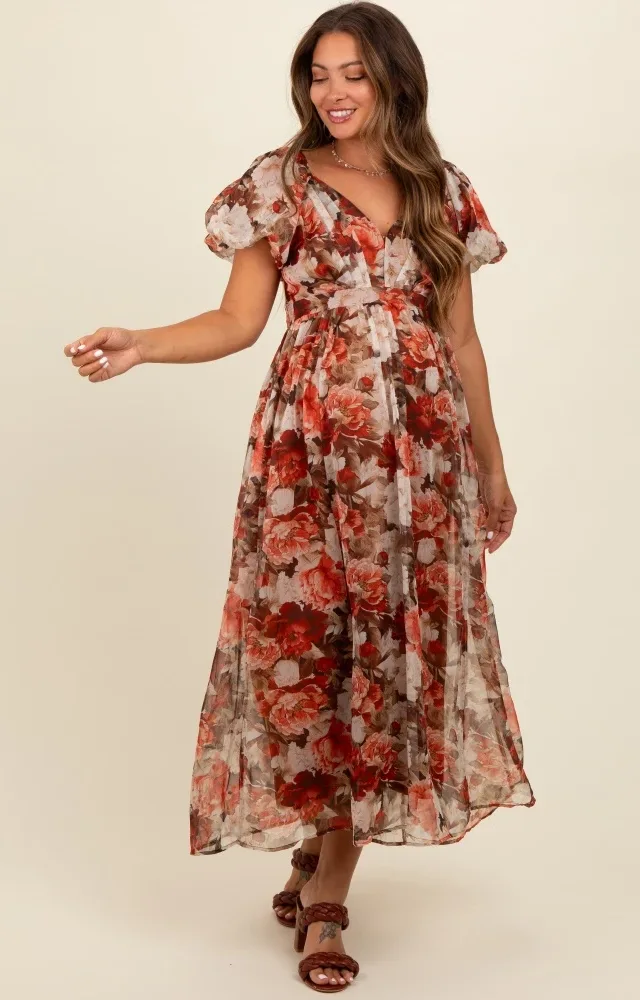 Rust Floral Puff Sleeve Maternity Maxi Dress