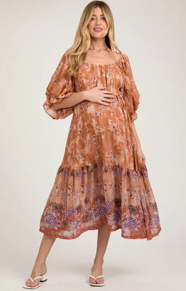 Rust Floral Puff Sleeve Tiered Maternity Midi Dress