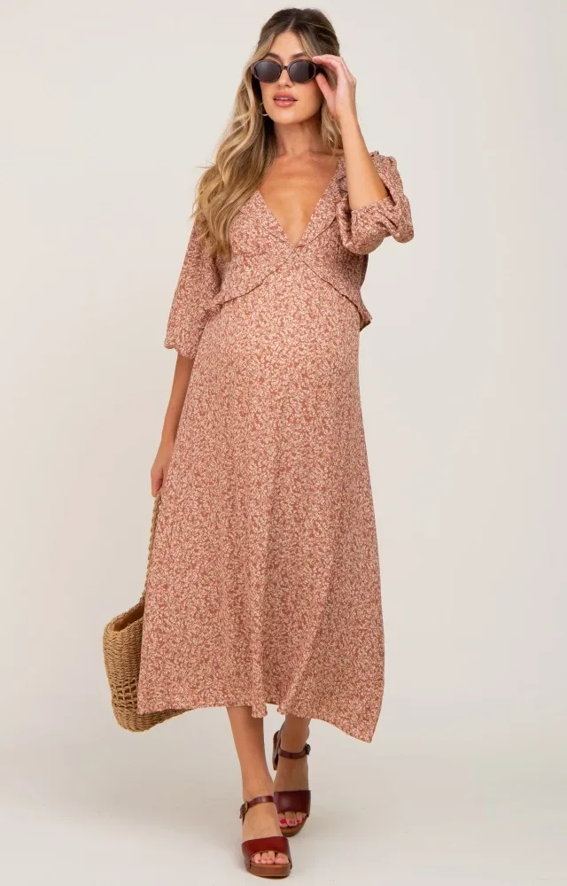 Rust Floral Ruffle V-Neck Maternity Midi Dress