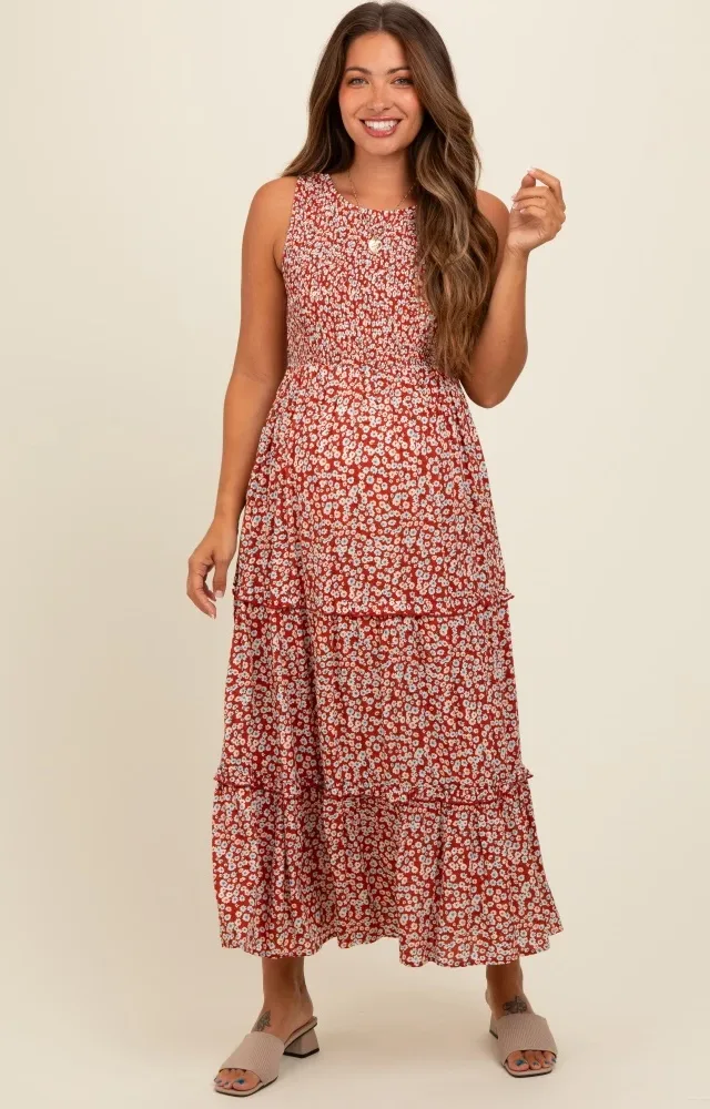 Rust Floral Sleeveless Ruffle Tiered Maternity Maxi Dress