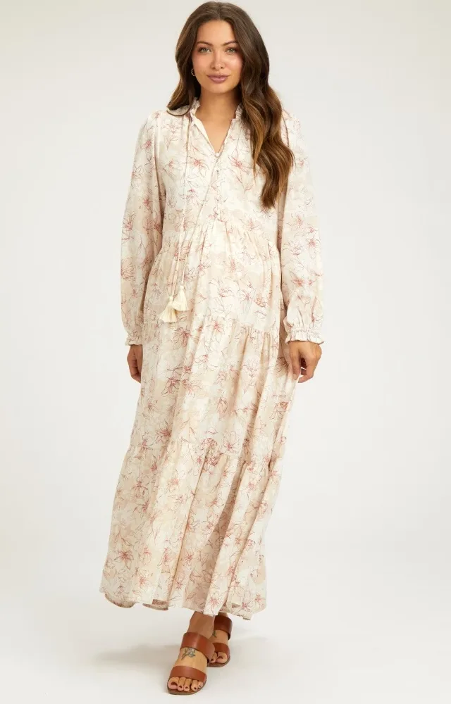 Rust Floral Tassel Tiered Long Sleeve Maternity Maxi Dress