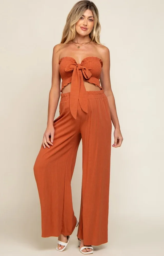 Rust Front Tie Crop Top And Pant Maternity Set