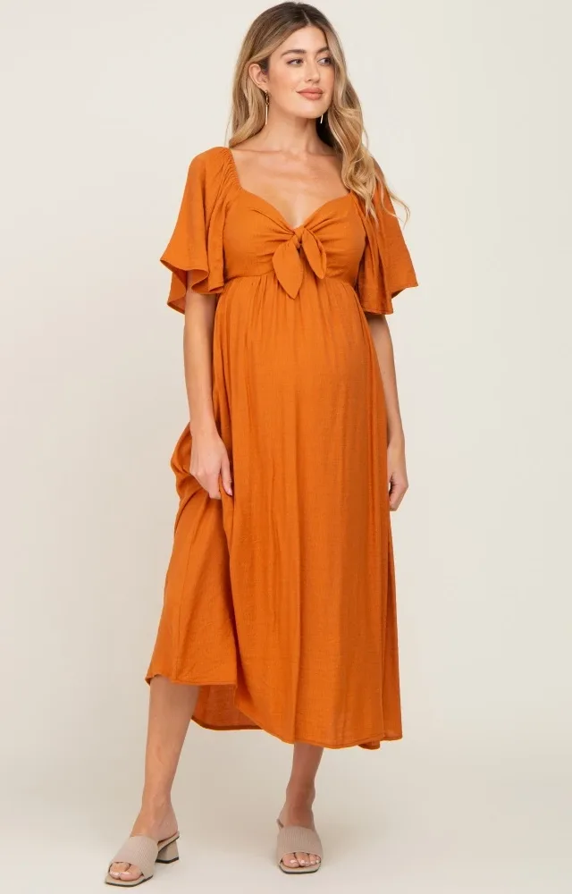 Rust Front Tie Ruffle Sleeve Maternity Midi Dress