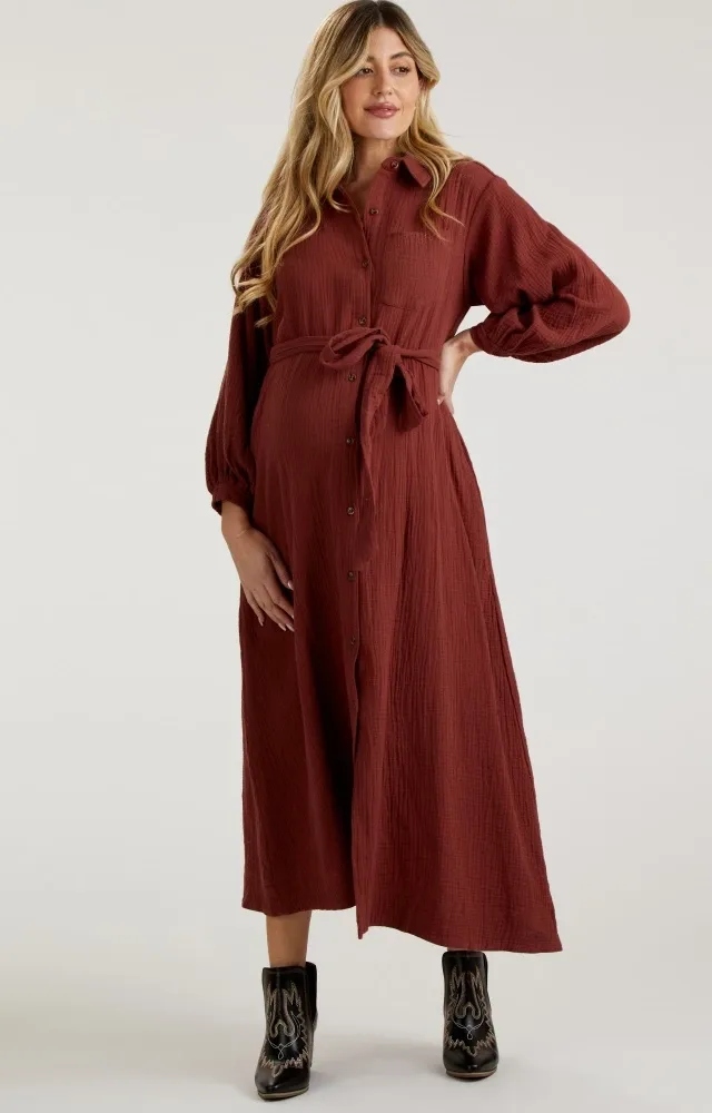 Rust Gauze Belted Shirt Maternity Midi Dress