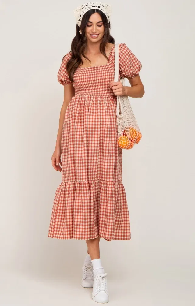 Rust Gingham Smocked Maternity Midi Dress