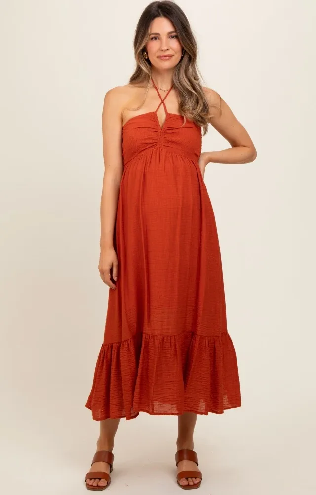 Rust Halter Maternity Midi Dress