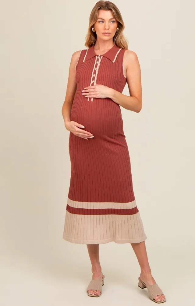 Rust Knit Button Front Contrast Border Maternity Midi Dress