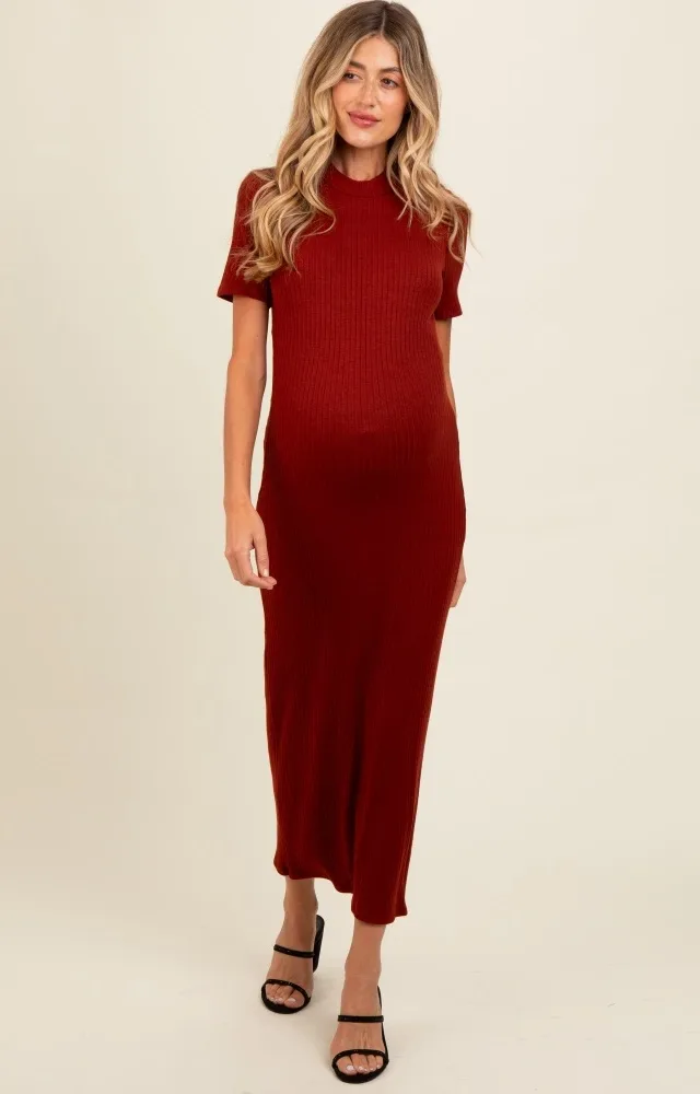 Rust Knit Short Sleeve Maternity Midi Dress