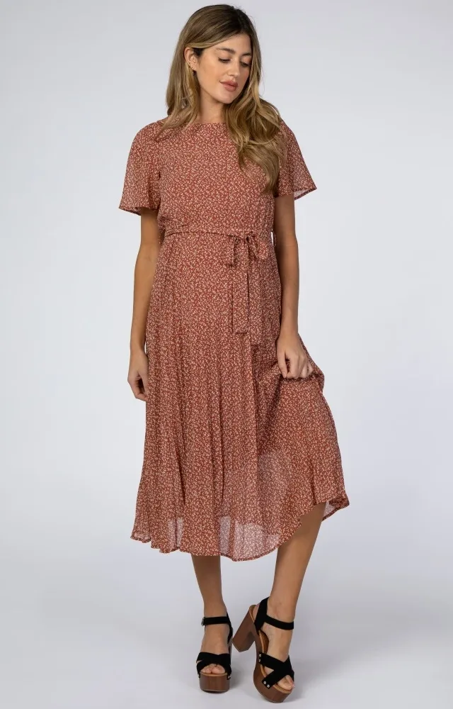 Rust Leaf Print Pleated Maternity Midi Dress