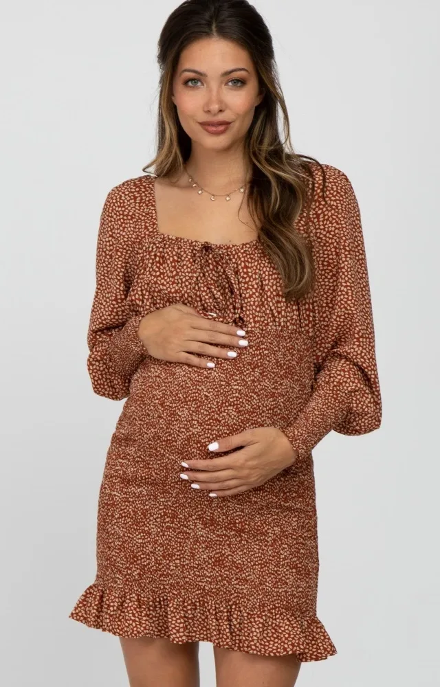 Rust Leaf Print Smocked Maternity Dress