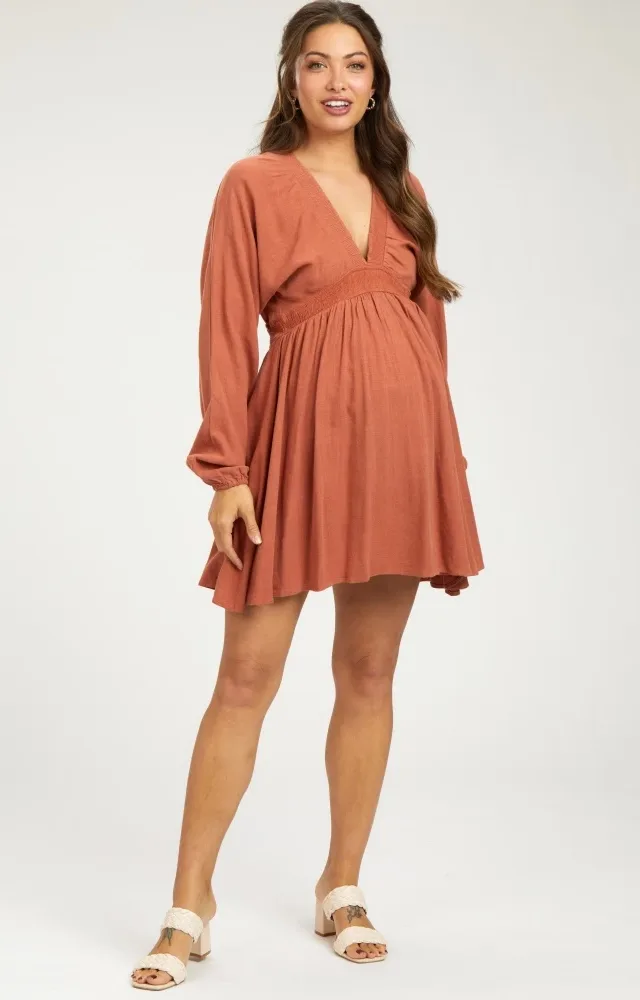 Rust Linen Deep V-Neck Long Sleeve Maternity Dress