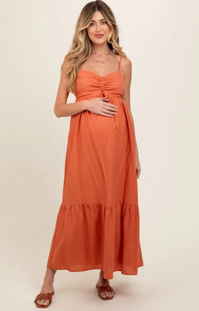 Rust Linen Front Cinch Maternity Midi Dress