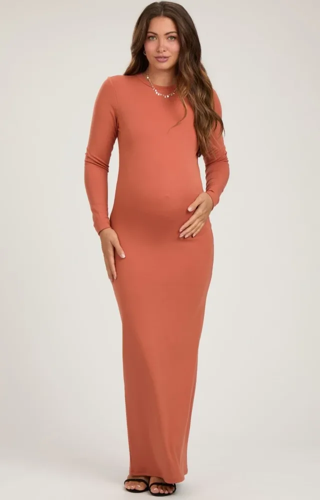 Rust Long Sleeve Fitted Maternity Maxi Dress